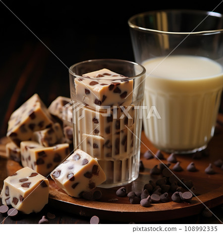 Milk and chocolate. Half a glass of milk and chocolate dessert on a dark background. 108992335