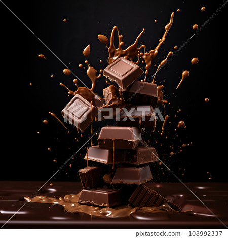 A splash of milk chocolate. Chocolate falling down on black background studio shot. Chocolate background. 108992337