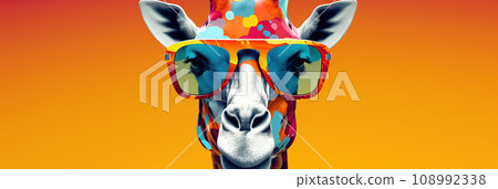 Fashionable giraffe wearing sunglasses on orange background. Giraffe in sunglasses, art summer animal illustration. 108992338