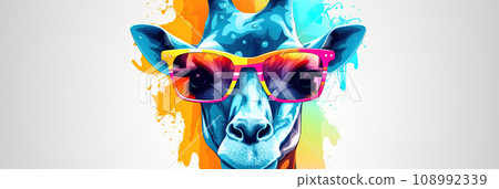 Cartoon colorful giraffe with sunglasses on white. 108992339
