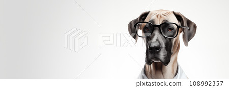 Dog wearing glasses and jacket isolated on a black background. A big dog in an orange raincoat and black glasses. 108992357