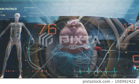 3D hologram showing patient condition, vital signs and cardiogram 3D hologram showing patient condition, vital signs and cardiogram 108992422