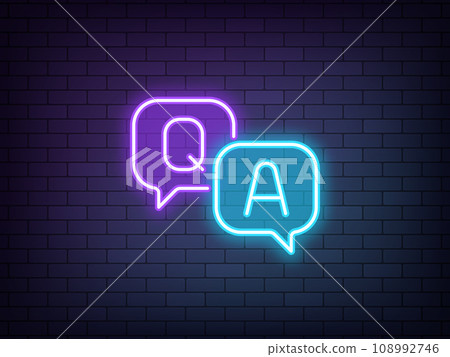Outline neon Q&A, violet blue icon. Glowing neon Questions and Answers sign with speech bubble, business FAQ. Expert help, client assistance service, customer support chat. Advice and solutions Outline neon Q&A, violet blue icon. Glowing neon Questions and Answers sign with speech bubble, business FAQ. Expert help, client assistance service, customer support chat. Advice and solutions 108992746