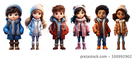 Cute Cartoon Realistic Happy Children Dressed in Winter Clothes Characters Set 108992902