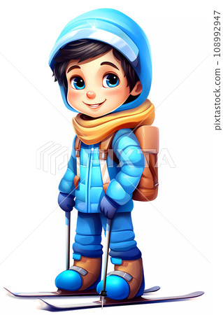 Cute Skiing Boy Dressed in Winter Clothes - Stock Illustration