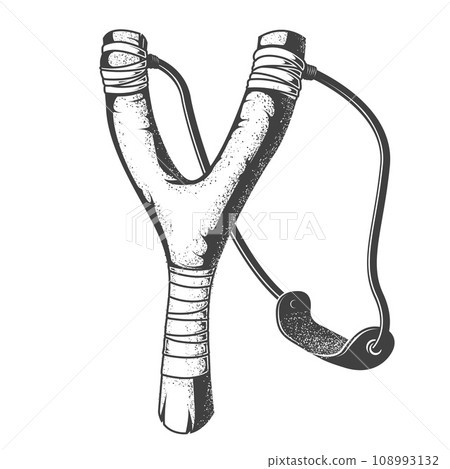 Slingshot, wooden tweaker with rubber sling, catapult toy, vector 108993132