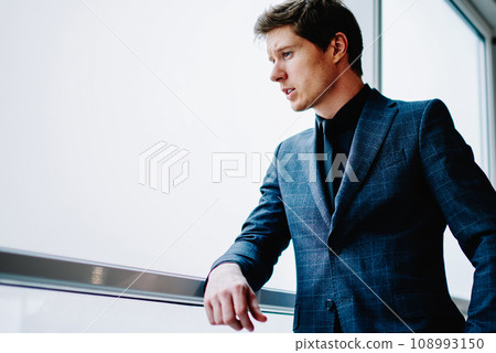 pensive confident caucasian businessman in elegant suit concentrated on ideas for work 108993150