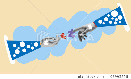 Human hands connecting puzzles symbolizing well-coordinated, successful teamwork and completing tasks. Contemporary art collage. Human hands connecting puzzles symbolizing well-coordinated, successful teamwork and completing tasks. Contemporary art collage. 108993226