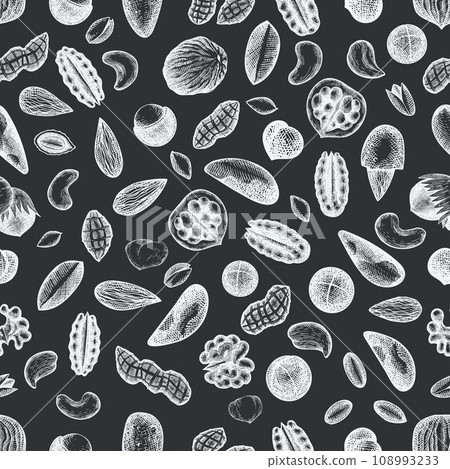 Hand Drawn Nuts Branch And Kernels Background. Seed Vector Seamless Vector Pattern. Retro Chalk Board Nut Illustration. 108993233