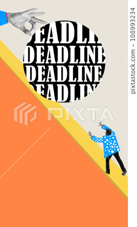 Businessman, worker having deadlines. Too many tasks falling down on him. Professional challenges. Contemporary art collage. Businessman, worker having deadlines. Too many tasks falling down on him. Professional challenges. Contemporary art collage. 108993234