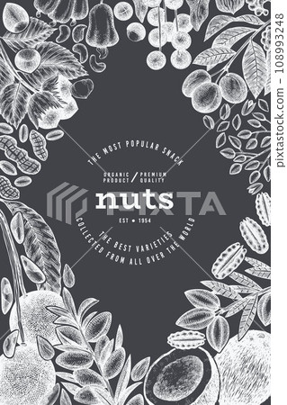 Hand Drawn Nuts Branch And Kernels Template. Organic Seed Vector Design. Retro Chalk Board Nut Illustration. Hand Drawn Nuts Branch And Kernels Template. Organic Seed Vector Design. Retro Chalk Board Nut Illustration. 108993248