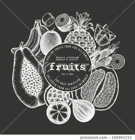 Tropical Fruit Design Template. Vector Hand Drawn Exotic Fruit Chalk Board llustration. Vintage Style Menu Illustration. 108993252