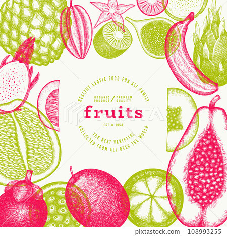 Tropical Fruit Design Template. Vector Hand Drawn Exotic Fruit Banner. Vintage Style Menu Illustration. Tropical Fruit Design Template. Vector Hand Drawn Exotic Fruit Banner. Vintage Style Menu Illustration. 108993255