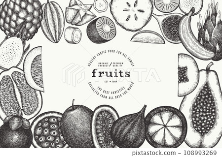 Tropical Fruit Design Template. Vector Hand Drawn Exotic Fruit Banner. Vintage Style Menu Illustration. 108993269