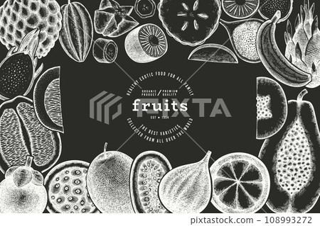 Tropical Fruit Design Template. Vector Hand Drawn Exotic Fruit Chalk Board llustration. Vintage Style Menu Illustration. Tropical Fruit Design Template. Vector Hand Drawn Exotic Fruit Chalk Board llustration. Vintage Style Menu Illustration. 108993272