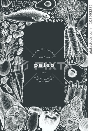 Paleo Diet Chalk Board Design Template. Vector Hand Drawn Healthy Food Banner. Vintage Style Menu Illustration. 108993283