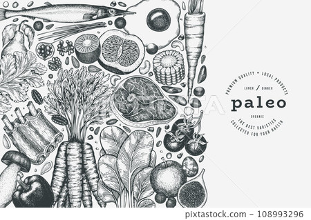Paleo Diet Design Template. Vector Hand Drawn Healthy Food Banner. Vintage Style Menu Illustration. Paleo Diet Design Template. Vector Hand Drawn Healthy Food Banner. Vintage Style Menu Illustration. 108993296