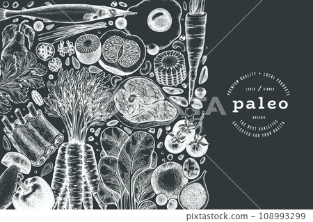 Paleo Diet Chalk Board Design Template. Vector Hand Drawn Healthy Food Banner. Vintage Style Menu Illustration. 108993299