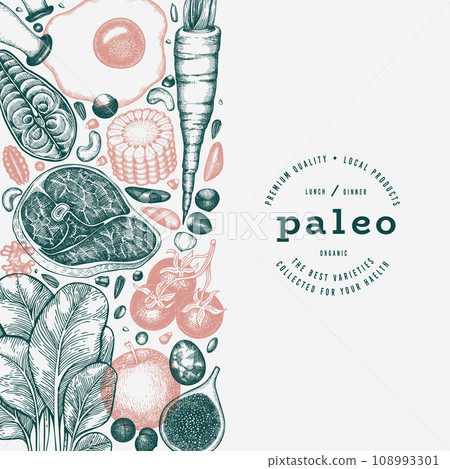 Paleo Diet Design Template. Vector Hand Drawn Healthy Food Banner. Vintage Style Menu Illustration. Paleo Diet Design Template. Vector Hand Drawn Healthy Food Banner. Vintage Style Menu Illustration. 108993301