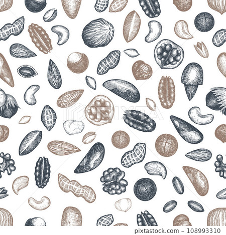 Hand Drawn Nuts Branch And Kernels Background. Seed Vector Seamless Vector Pattern. Retro Engraved Nut Illustration. 108993310