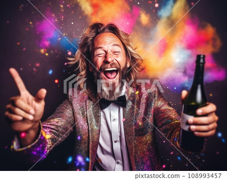Young pretty man dressed in sequined jacket having fun on New Year party, happy guy dancing and laughing with sparkles and confetti Young pretty man dressed in sequined jacket having fun on New Year party, happy guy dancing and laughing with sparkles and confetti 108993457
