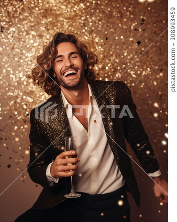 Young pretty man dressed in sequined jacket having fun on New Year party, happy guy dancing and laughing with sparkles and confetti Young pretty man dressed in sequined jacket having fun on New Year party, happy guy dancing and laughing with sparkles and confetti 108993459