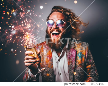 Young pretty man dressed in sequined jacket having fun on New Year party, happy guy dancing and laughing with sparkles and confetti 108993460