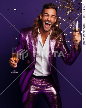 Young pretty man dressed in sequined jacket having fun on New Year party, happy guy dancing and laughing with sparkles and confetti, purple and cold colors 108993475