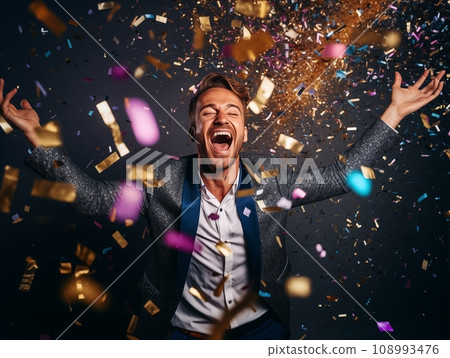 Young pretty man dressed in sequined jacket having fun on New Year party, happy guy dancing and laughing with sparkles and confetti Young pretty man dressed in sequined jacket having fun on New Year party, happy guy dancing and laughing with sparkles and confetti 108993476