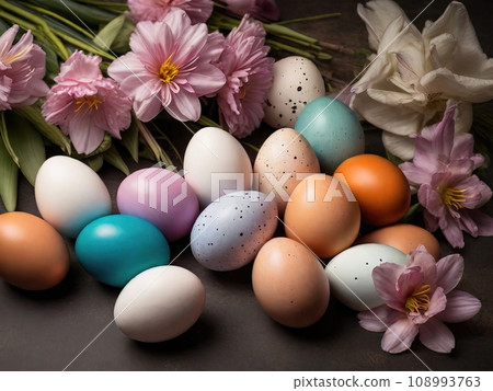 Easter eggs on a gray table with flowers 108993763