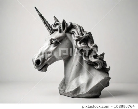 unicorn head antique statue on gray and white background unicorn head antique statue on gray and white background 108993764