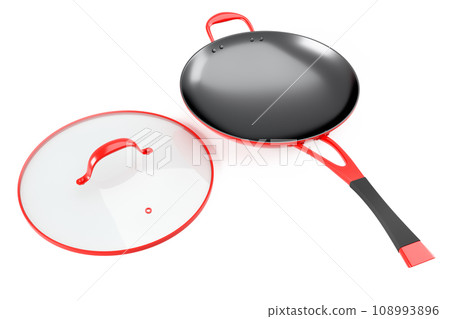 Stainless steel red frying pan with glass lid and chrome cookware on white Stainless steel red frying pan with glass lid and chrome cookware on white 108993896