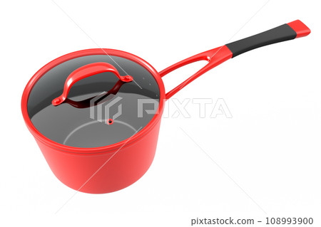 Stainless steel red cooker with lid and chrome cookware on white background 108993900