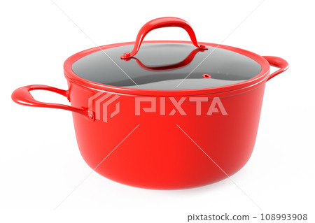 Stainless steel red cooker with lid and chrome cookware on white background 108993908