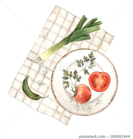Watercolor illustration of a kitchen towel in a cage, with a plate and vegetables: onion, pepper, tomato and dill. Composition on a white background. Hand-drawn clipart, used in graphic design. Watercolor illustration of a kitchen towel in a cage, with a plate and vegetables: onion, pepper, tomato and dill. Composition on a white background. Hand-drawn clipart, used in graphic design. 108993944