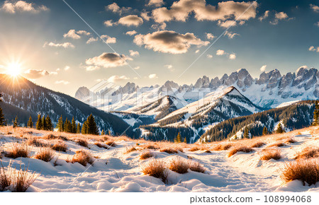 Winter wonderland: Snowy landscape with mountains 108994068