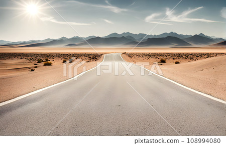 Sunny desert landscape with an asphalt road 108994080