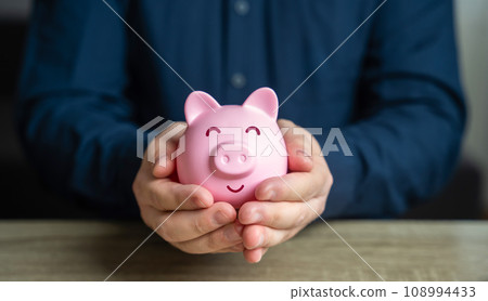 A man protects his savings. The piggy bank is in good hands. Savings and deposit banking. Wealth and prosperity. Healthy economy. Successful investments and deposits. Money protection. 108994433