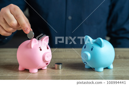 Pay gap by gender. A more reliable bank for investments and savings. Banking. Smart money investments. Reduce costs. Save for retirement. Bank deposit. The piggy is jealous of other one gets all coins Pay gap by gender. A more reliable bank for investments and savings. Banking. Smart money investments. Reduce costs. Save for retirement. Bank deposit. The piggy is jealous of other one gets all coins 108994441