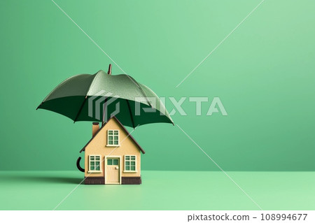 Small wooden house under umbrella on green background, copy space. Home insurance and safety concept. AI generated. 108994677