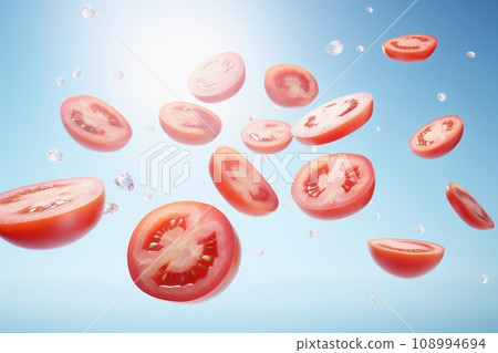 Slices of fresh tomatoes flying in the air with water splashes on blue background. AI generated. 108994694