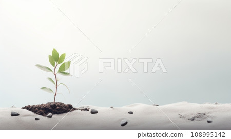 a young plant sprouting from soil against a blue sky, symbolizing new beginnings, growth, and the resilience of life. 108995142