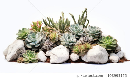 a succulent garden with various types of succulents and rocks on a white background, creating a peaceful and modern aesthetic. 108995153
