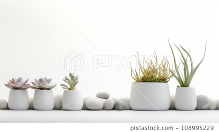a row of potted succulent and cacti plants against a white background, creating a serene and modern aesthetic with a touch of nature. 108995229