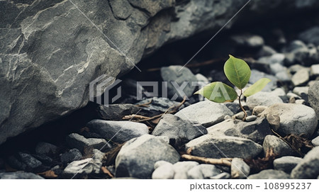 A lone plant survives in a rocky terrain. This image captures the contrast between the harsh and barren rocks and the delicate and green plant. 108995237