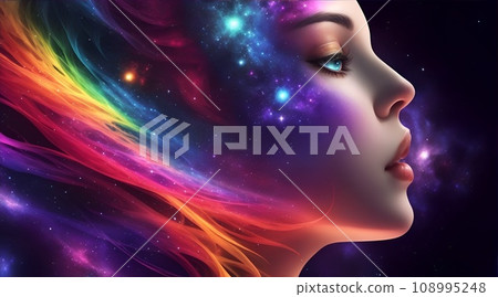 將女人的臉與空間和星系結合在一起的彩色插圖。 108995248