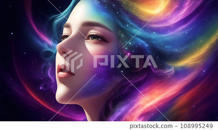 將女人的臉與空間和星系結合在一起的彩色插圖。 108995249