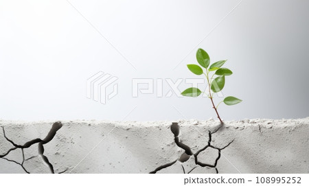 A plant growing out of a crack in a concrete wall. This image shows a contrast between the life and the decay.The wall is white and the crack is black. A plant growing out of a crack in a concrete wall. This image shows a contrast between the life and the decay.The wall is white and the crack is black. 108995252