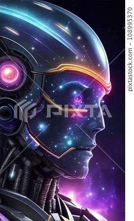 A colorful illustration that combines a robot's face with space and galaxies. 108995370