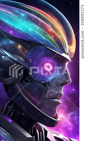 A colorful illustration that combines a robot's face with space and galaxies. 108995373